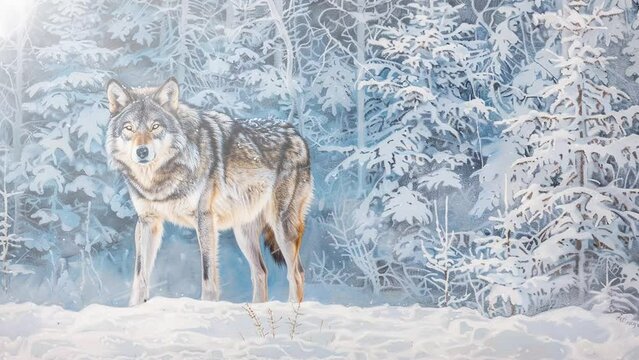 artwork featuring a majestic wolf standing proudly. seamless looping overlay 4k virtual video animation background