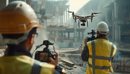 A man is capturing an engineering event with a drone flying over a construction site. He is wearing personal protective equipment, including a helmet, near a water vehicle. The machine is on the job - obrazy, fototapety, plakaty