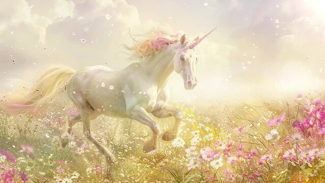  illustration of a magical unicorn galloping through. seamless looping overlay 4k virtual video animation background