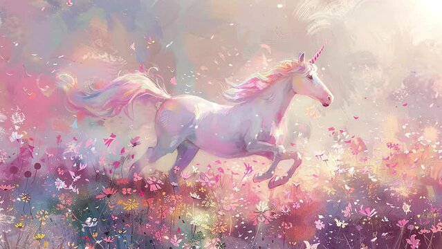 fantasy background with  illustration of a magical unicorn galloping through. seamless looping overlay 4k virtual video animation background