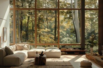 A cozy living room with hardwood flooring, a couch by the window, and tints of green from the trees outside creating a comfortable and shady atmosphere