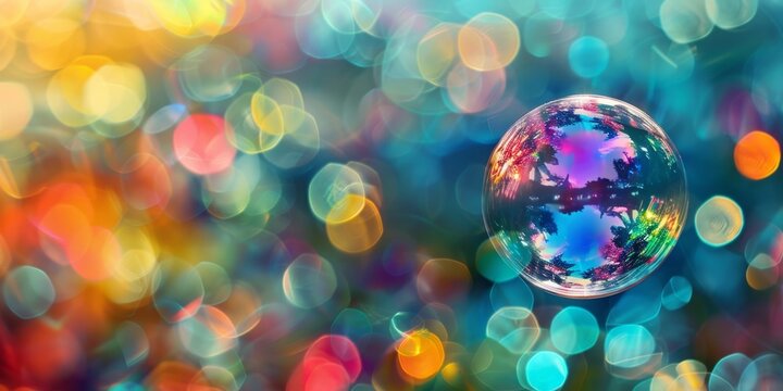A single soap bubble reflects a vibrant landscape over a blurred background of colorful bokeh lights.