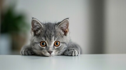 An adorable gray kitten with captivating orange eyes lounges on a white surface.