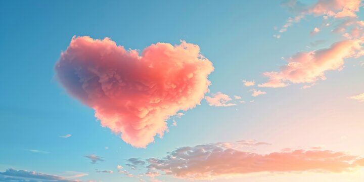 A pink heart-shaped cloud stands out in a vibrant sunset sky, symbolizing love and romance.