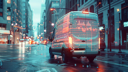delivery truck courier in city with virtual screen