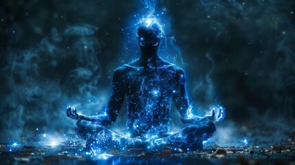 A person sitting in meditation their eyes closed with a faint glow shining from the center of their forehead representing the opening of their third eye and heightened spiritual