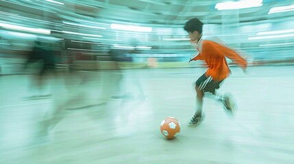 A young athlete passionately plays soccer, showcasing motion blur in an indoor sports arena.