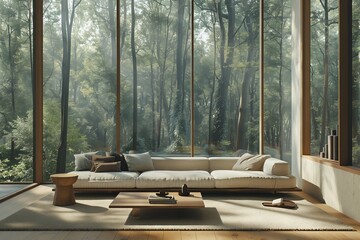 A cozy living room featuring a wooden couch and coffee table, with large windows offering views of the lush forest outside. The natural landscape and shade from the trees create a serene ambiance
