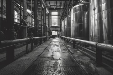 Empty industrial distillery with shiny stainless steel vats in black and white - obrazy, fototapety, plakaty