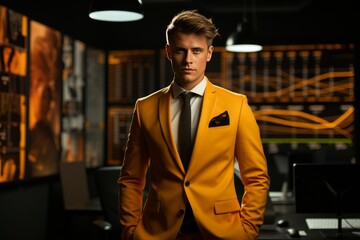 Man in Yellow Suit in Dark Room