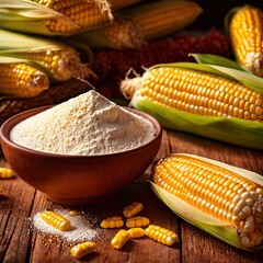 Fresh corn with corn meal and corn flour, processed cooking ingredients - obrazy, fototapety, plakaty