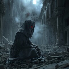 Malevolent nun with glowing red eyes in a derelict convent, thunderstorm backdrop, dramatic lighting, wide shot - obrazy, fototapety, plakaty