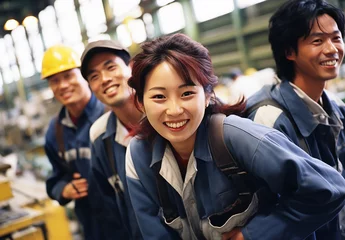 Fotobehang 工場の機械の中で働く作業服姿の若いアジア人女性と仲間達（メカニック・工事・建築・建設・点検・製造）  © buritora