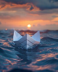 Obraz premium Paper boat in stormy water navigating towards calm sea, sunrise on horizon, metaphor for overcoming challenges