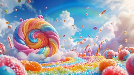 Swirling candy tornado in a vibrant land, gumdrops and licorice flying, rainbow backdrop, wideangle, whimsical - obrazy, fototapety, plakaty