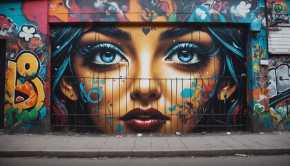 Woman face full graffiti on a street wall