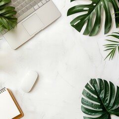 White marble desk with laptop, mouse and monstera leaves on white background, flat lay, top view, copy space concept, mock up for web design or digital marketing