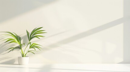 indoor plant in front of a white wall, with sunlight casting soft shadows on the clean surface. The image captures a minimalist and elegant style, emphasizing simplicity and natural beauty