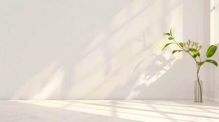 Minimalist white wall with a plant vase casting soft shadows, creating an elegant and serene space. The bright sunlight enhances the clean aesthetic of the room.