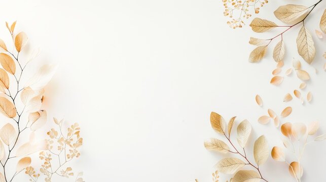 Beige background with delicate gold leaves and flowers on the right side, white space for text or design in the center of the picture