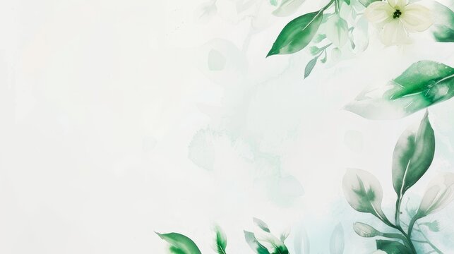 White background with watercolor green leaves and flowers, soft color gradients in pastel tones with lightness, white space in the center of the composition