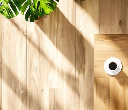 A top view of a light wood parquet floor with a coffee cup and green plant, sunlight rays creating soft shadows on the wooden surface, minimalist interior design style,