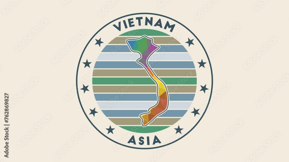 Poster vietnam intro video. badge with the circular name and map of the country in low poly tech geometric 