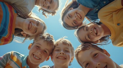 Cheerful joyful cute little children playing together. Group portrait of happy kids huddling. View from below.