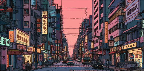 Anime scene Neon Signs and Twilight Sky in Illustrated City Street, vector - obrazy, fototapety, plakaty