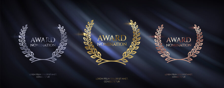 Laurel wreathes for award nominations realistic vector illustration set. Golden silver and bronze prizes 3d models on blue curtain background