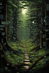An imagined landscape where data packets travel through a forest of encryption keys, camouflaged from prying eyes in their secure journey - obrazy, fototapety, plakaty