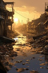 An of a river choked with waste from nearby factories, pointing to the pollution and water quality issues in industrial areas