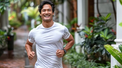 Fotobehang Active and joyful asian male engaged in maintaining well being through running and jogging © Ilja