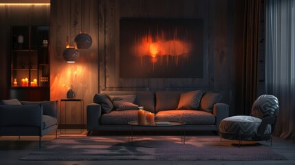 Living room interior with gray sofa and glowing lamp at night. generative AI image