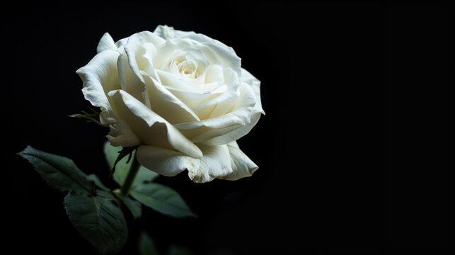 Close up of white flower rose on isolated black background, Copy space. generative AI image