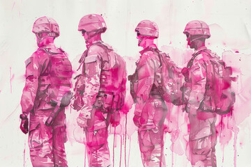 Pink watercolor painting of a group of soldiers in combat equipment