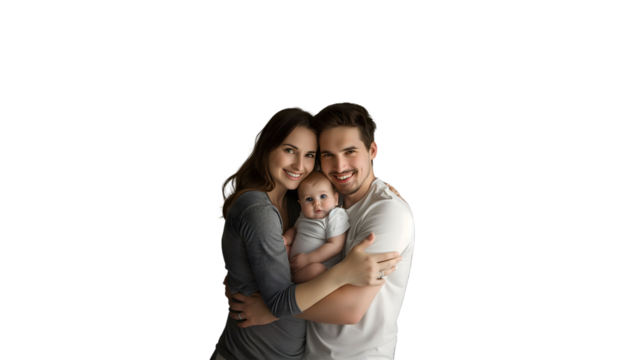 Young parents smiling and hugging their baby between them