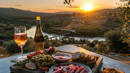 You take in the stunning view of the sunset over the river sipping on a glass of cold crisp rosé and nibbling on a savory picnic of cured meats olives and crusty bread. - obrazy, fototapety, plakaty