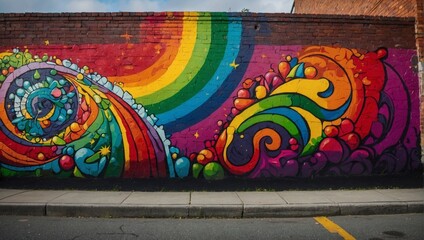 Rainbow Street Art: Capture a vibrant mural or graffiti artwork featuring a rainbow motif on a city...