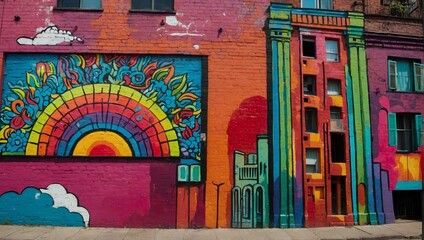 Rainbow Street Art: Capture a vibrant mural or graffiti artwork featuring a rainbow motif on a city wall or building. This image celebrates creativity, diversity, and the power of art to brighten ur