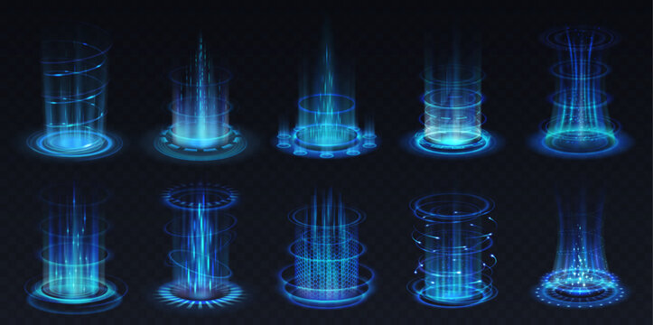 Blue glowing magic portals realistic vector illustration set. Video-game level up light effect 3d elements on black background. Fantasy template