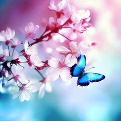 Branch of a flowering cherry tree with a butterfly