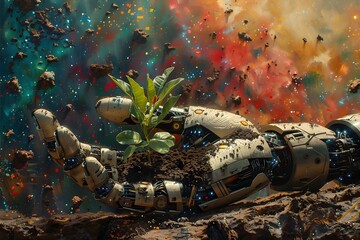 Metal hands, soil and young seedling, symbolizing the combination of nature and technology that can work together for sustainable development or our hope that technology will make human life better.