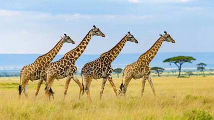 Obraz premium A group of giraffes striding across the African plains