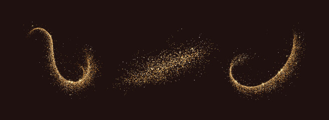 Shiny golden glitter patterns realistic vector illustration set. Brilliant fairy dust trails 3d elements on black background collection © ApoevArt