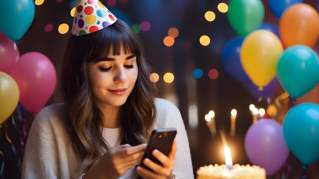 Beautiful girl taking pictures with smartphone at birthday party
