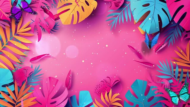 exotic jungle colorful tropical palm leave on pink background. banner design concept. seamless looping overlay 4k virtual video animation background