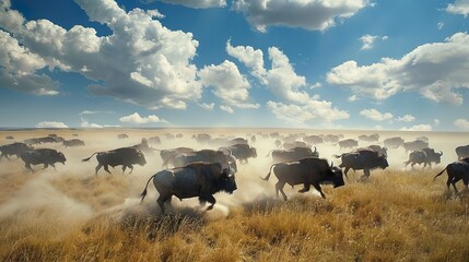 A herd of buffalo stampeding across the grasslands