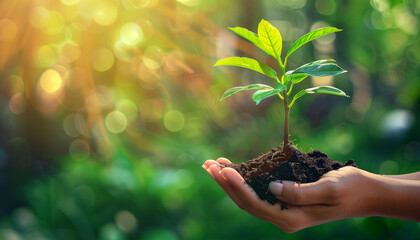 Hand Holding Young Plant in Sunlight