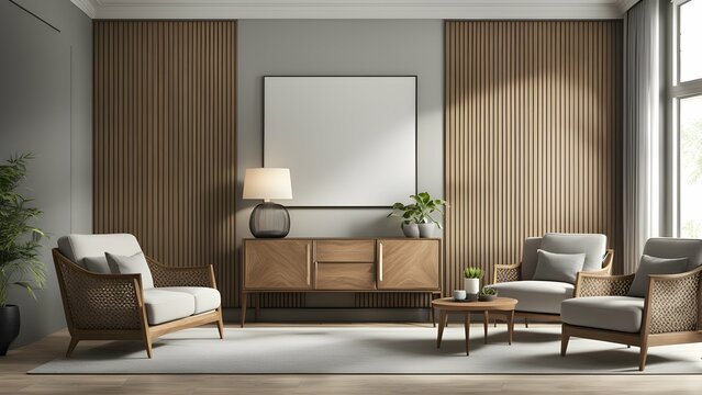 Modern Living Room Design: Stylish Armchairs, Wooden Sideboard - 3D Render